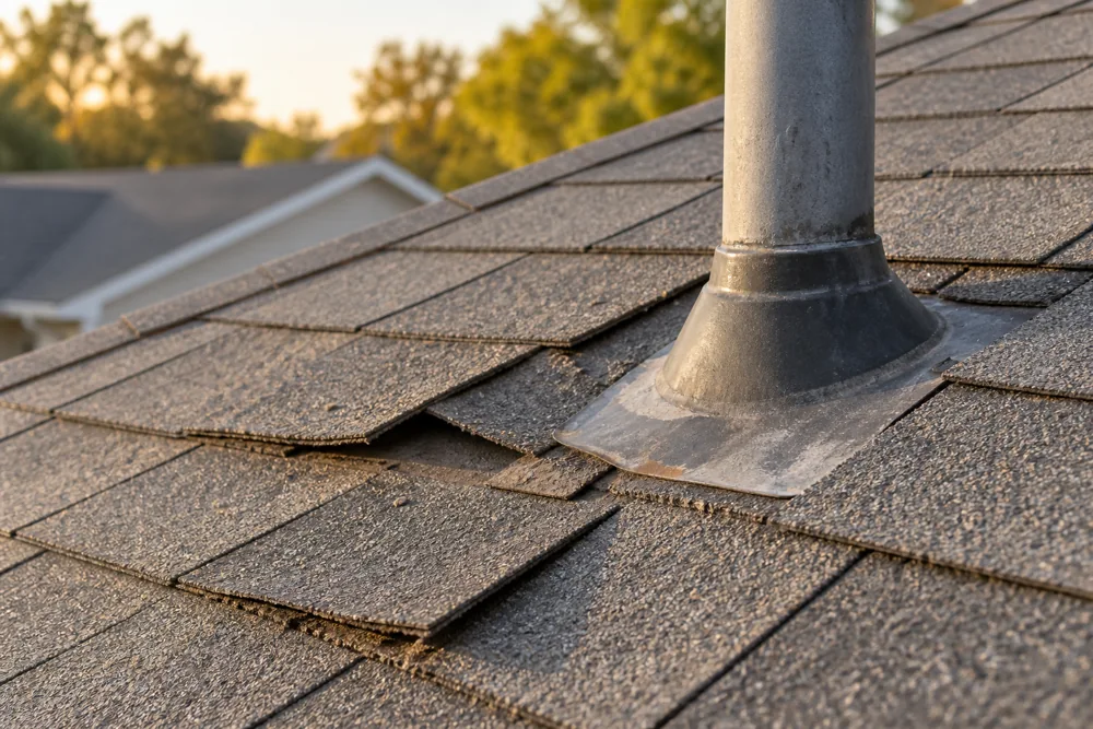 A close view of shingles and roof flashing