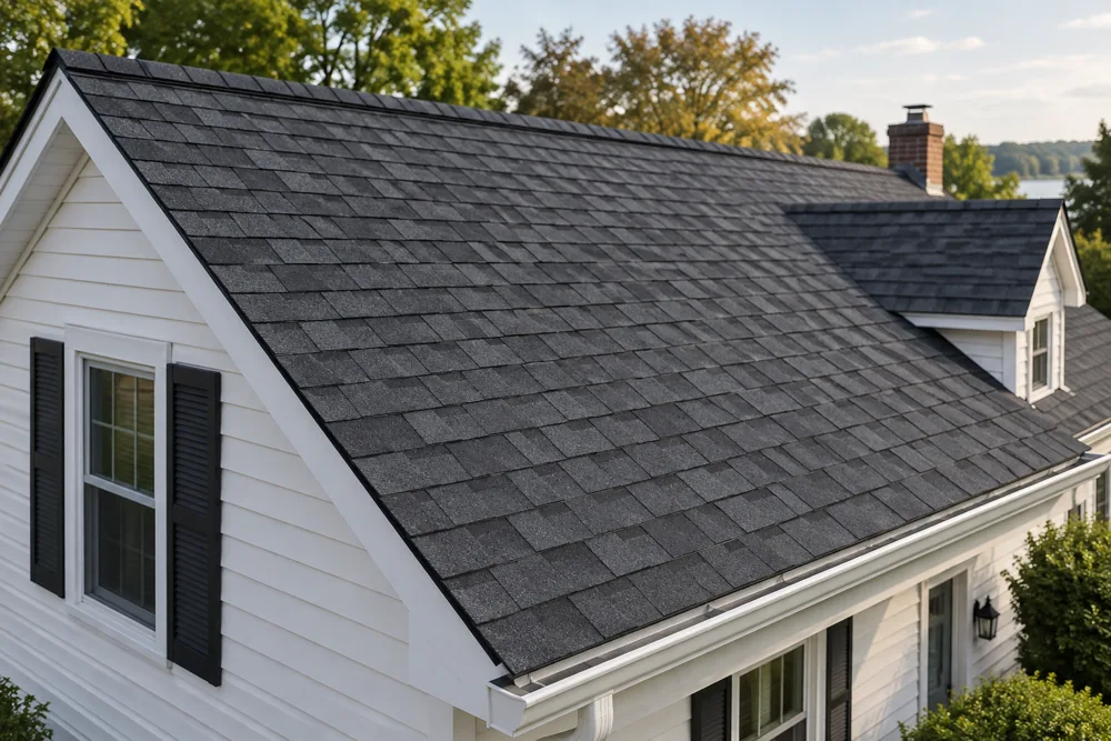 An asphalt shingle roof on a residential home